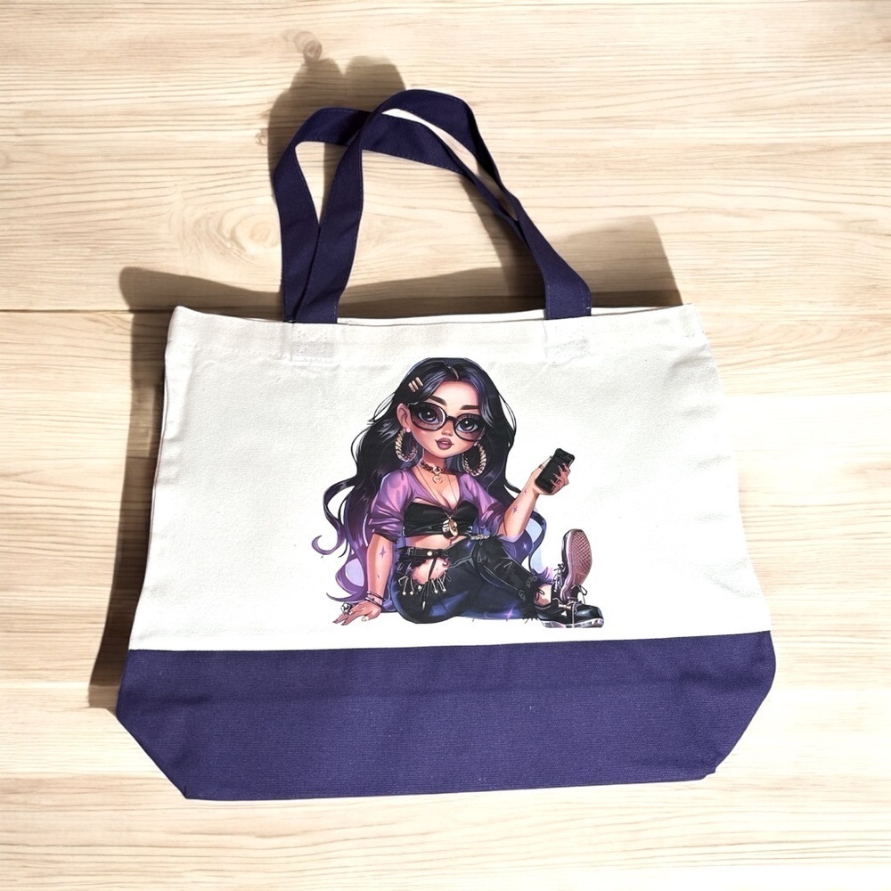 Large Canvas Tote Bag with Stylish Girl Art | Hand Pressed | 17”x14” - Picture 2 of 4